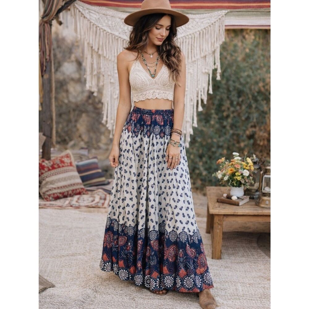Lucky & CoCo Navy and White Paisley Maxi Skirt